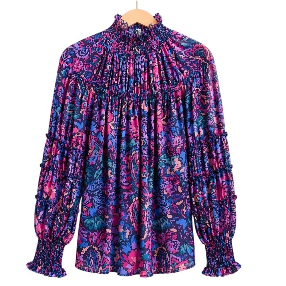 MISA Los Angeles Rosalind Floral Smocked Blouse Sheer Ruffle Top S